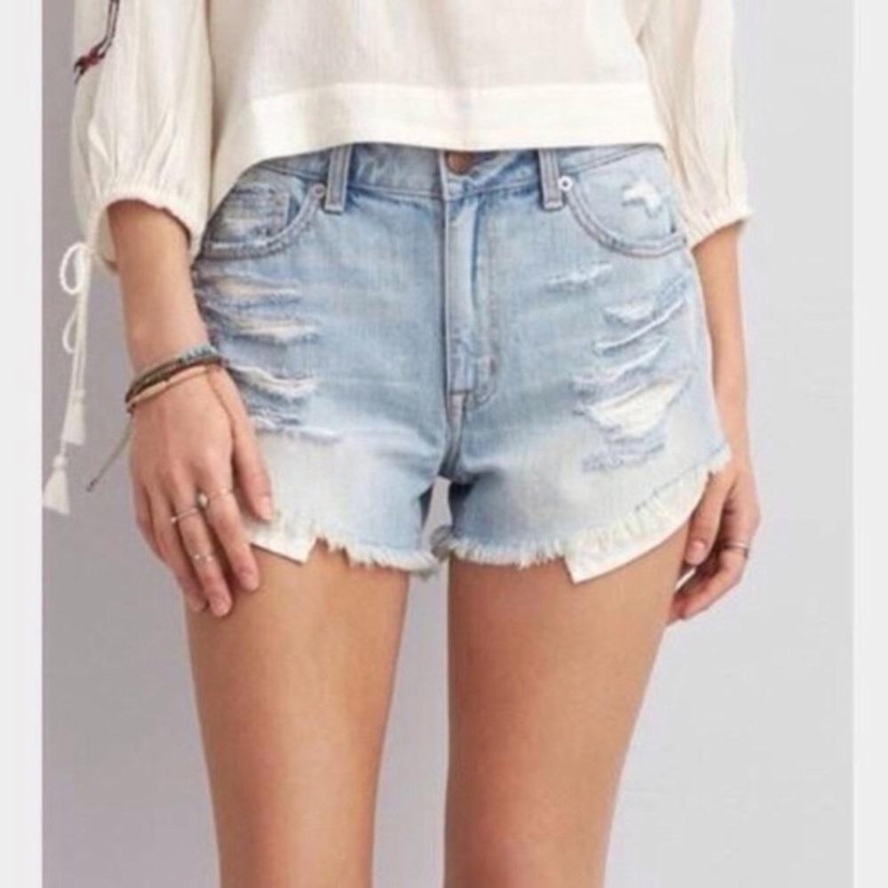 American Eagle high rise distressed raw hem shorts